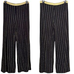 Melissa Paige Black-Metallic Gold Stripes & Stretch Waistband Wide Leg Pants